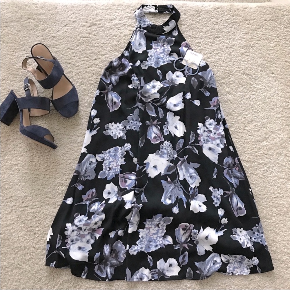 Black Floral Open Back Skater Dress - Picture 2 of 7